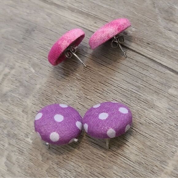 EUC - Fabric Button Post Earrings Purple Polka Dot and Pink Watercolor - 2 pairs - Picture 3 of 4